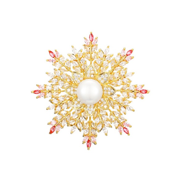 Snowflake Gold Plated Copper Brooch Snowflake Zircon Stone Brooch Pin - Picture 3 of 6